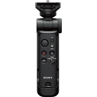 Sony GP-VPT3 multi-function shooting grip with detachable Bluetooth remote commander, converts to mini tripod, supports cameras up to 1.5 kg, 10m wireless remote control range, ergonomic design, tilt and swivel head for selfie or outward shots, dust and moisture resistant.