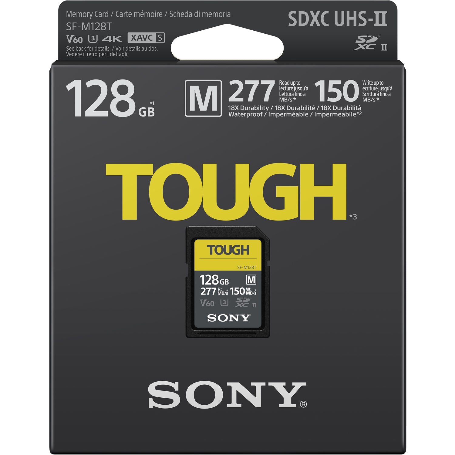 Sony Tough SD card packaging with 128GB capacity on a white background