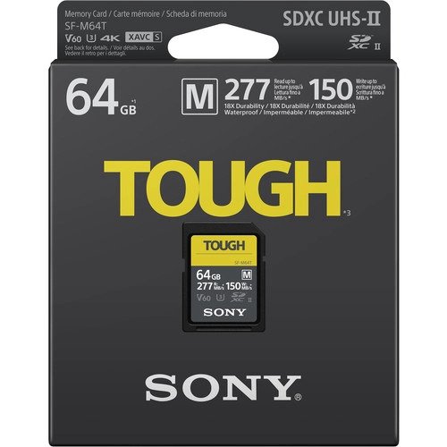 Sony TOUGH SD card packaging with 64GB capacity on a white background