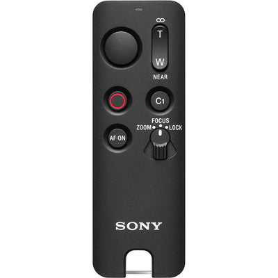Sony RMT-VP2 wireless remote commander with Bluetooth connectivity, 10m operating range, one-handed control buttons for shutter, movie recording, autofocus, customizable C1 button, zoom/focus rocker, LED status indicator, dust and moisture resistant design, compatible with Sony Alpha cameras and selected Xperia smartphones.
