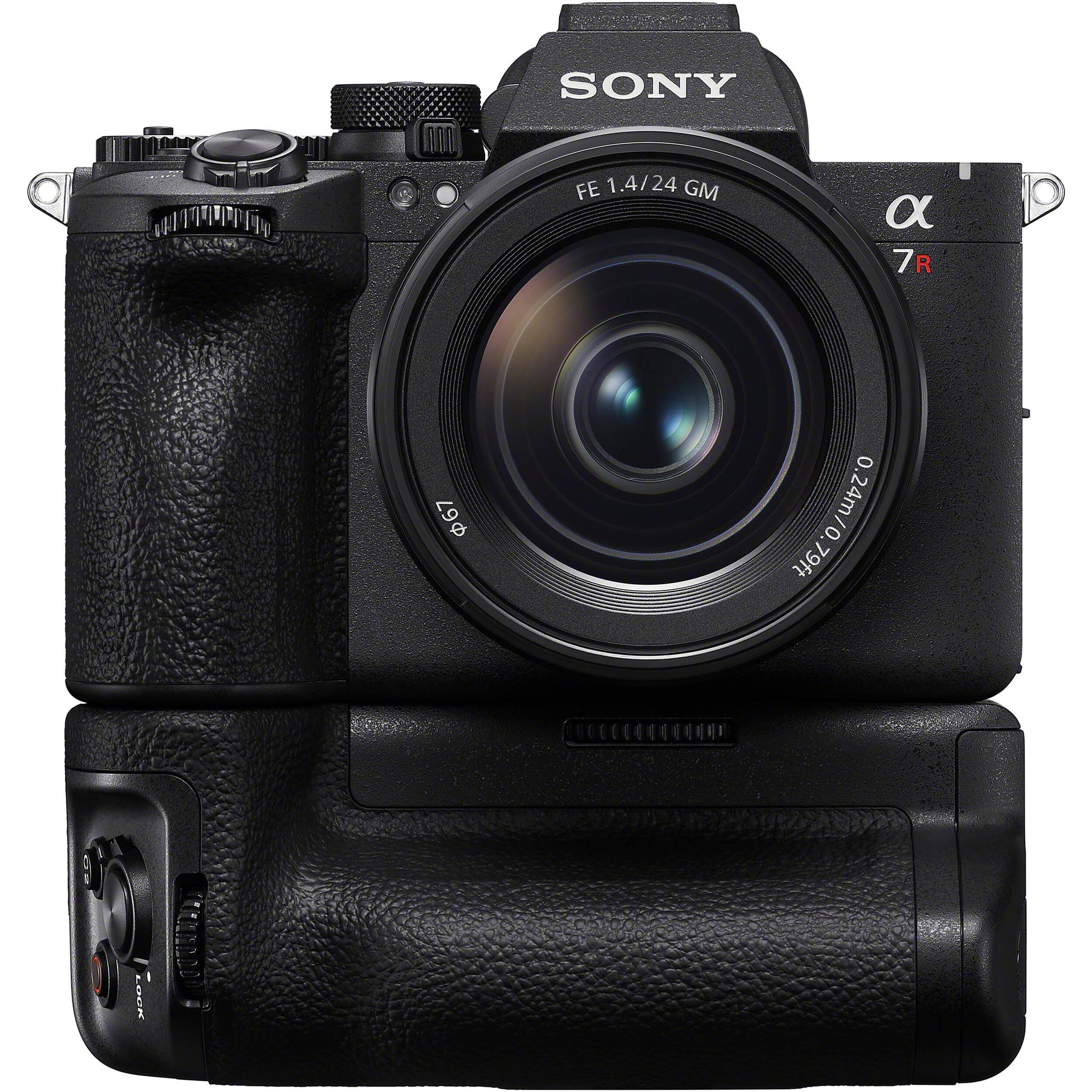 Sony VG-C6 grip on α7R VI with dual battery support and vertical controls.