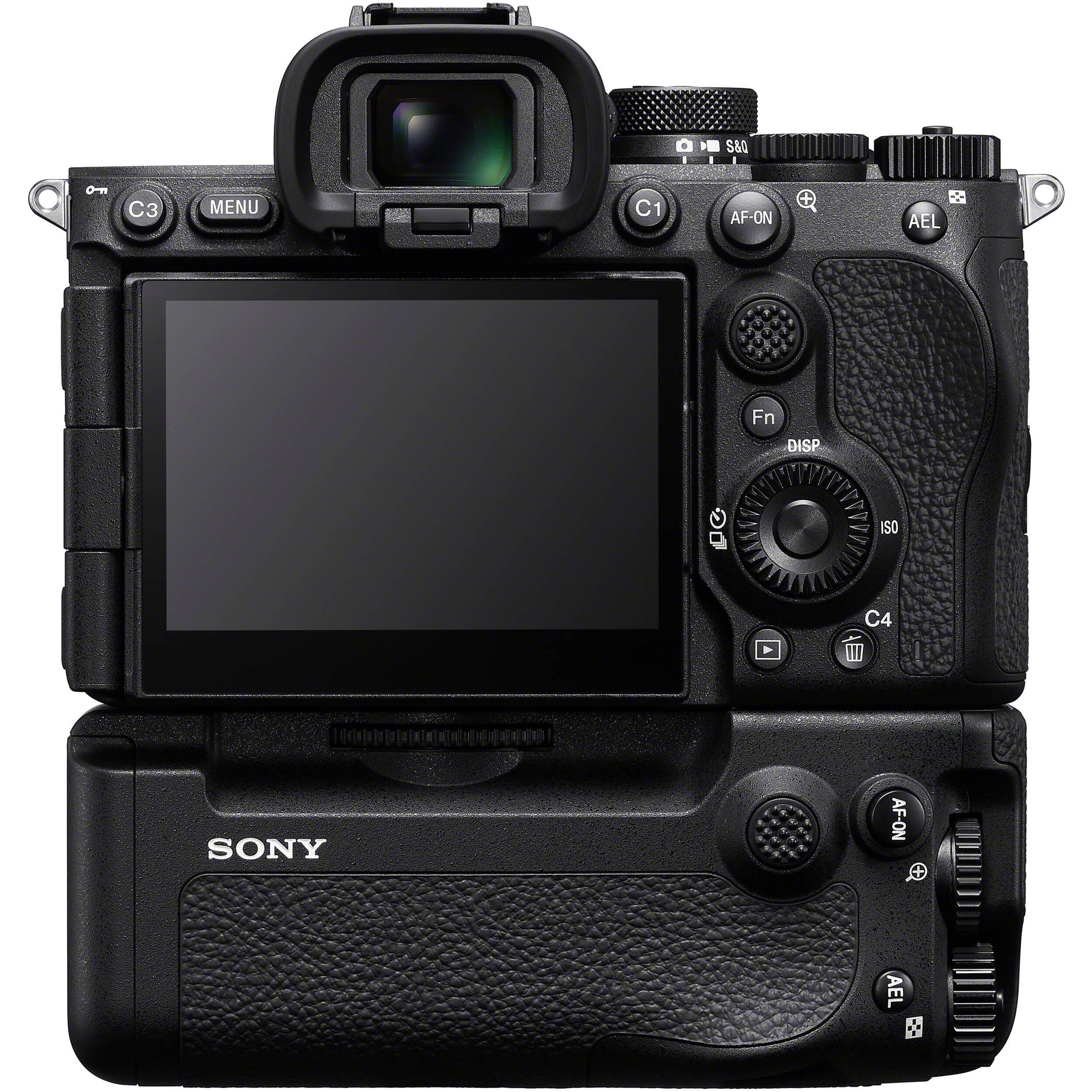 Sony VG-C6 grip on α7R VI with dual battery support and vertical controls.