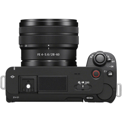 Sony ZV-E1 mirrorless digital camera bundle with 28-60mm F4-5.6 zoom lens in black, featuring 12.1MP full-frame Exmor R CMOS sensor, BIONZ XR processor, 5-axis SteadyShot image stabilization, UHD 4K 120p and Full HD 240p video, ISO 80-102400 expandable to 409600, and fully articulating 3-inch touchscreen.