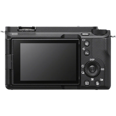 Sony ZV-E1 mirrorless digital camera bundle with 28-60mm F4-5.6 zoom lens in black, featuring 12.1MP full-frame Exmor R CMOS sensor, BIONZ XR processor, 5-axis SteadyShot image stabilization, UHD 4K 120p and Full HD 240p video, ISO 80-102400 expandable to 409600, and fully articulating 3-inch touchscreen.