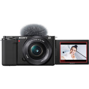 Sony camera with microphone and screen displaying a person on a white background