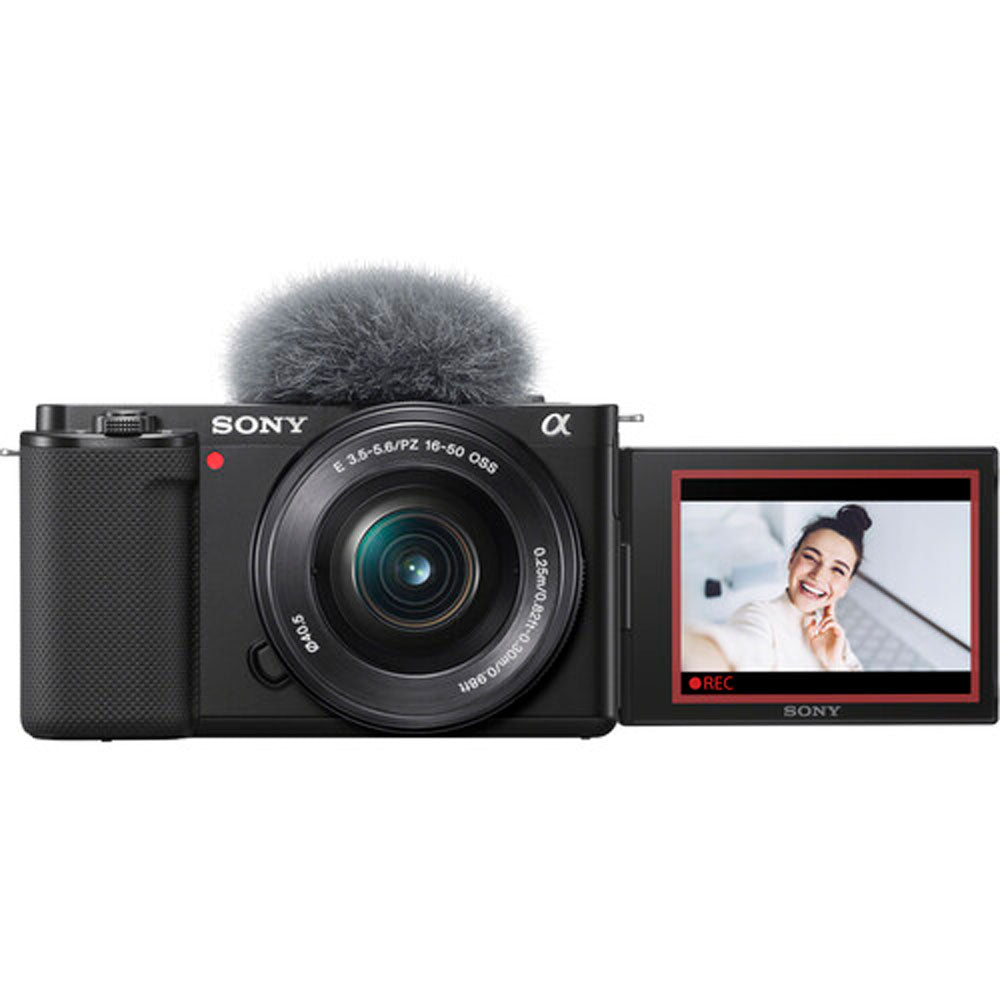 Sony camera with microphone and screen displaying a person on a white background