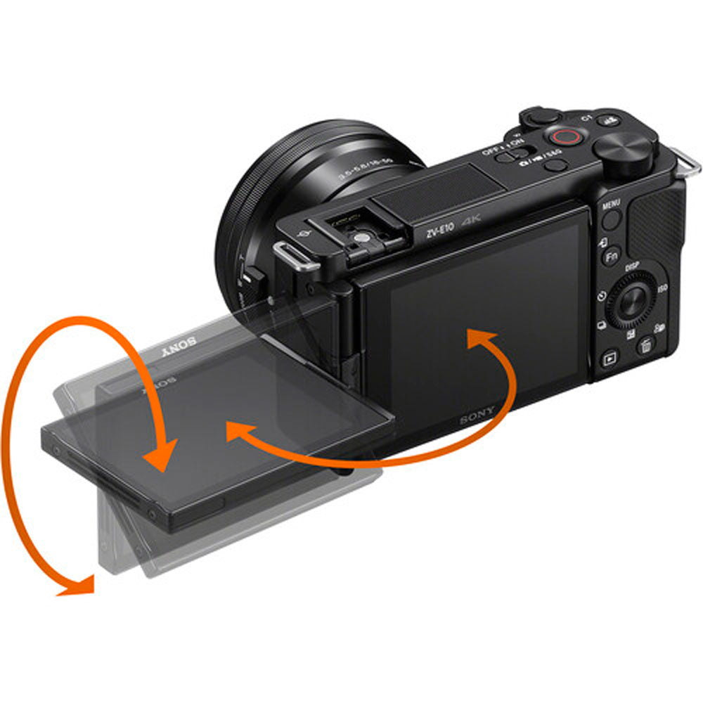 Black camera with a swiveling screen on a white background