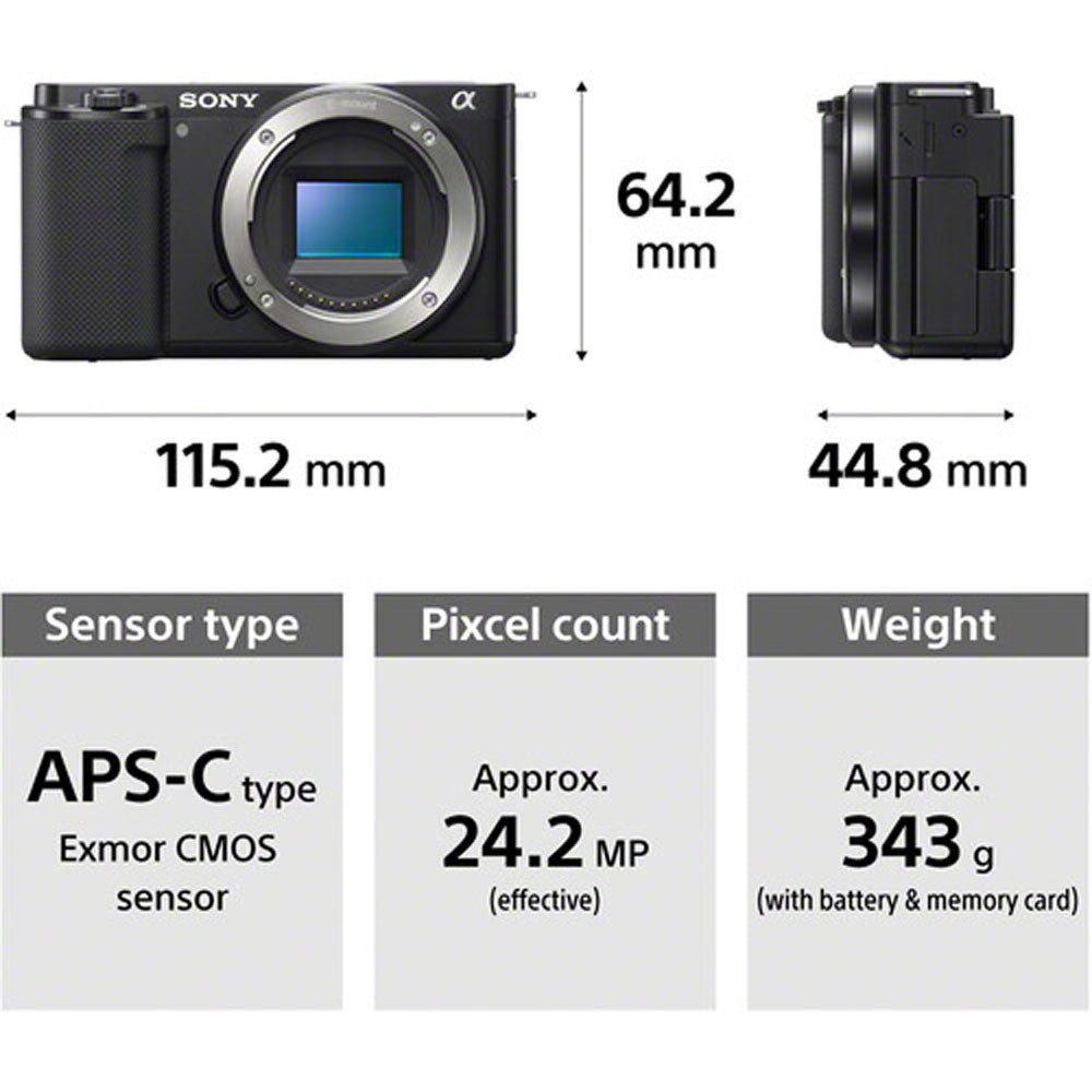 Sony camera with specifications including size, sensor type, pixel count, and weight.
