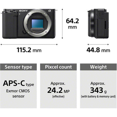 Sony camera with specifications including size, sensor type, pixel count, and weight.