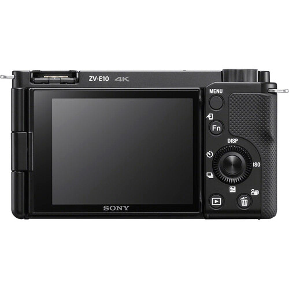 Black Sony camera with screen and control buttons on a white background