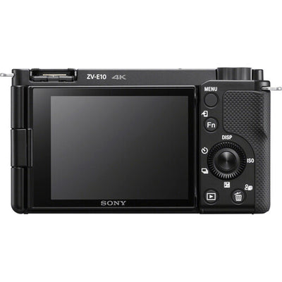 Black Sony camera with screen and control buttons on a white background