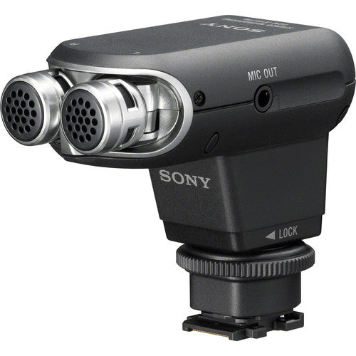 Sony ECM-XYST1M compact on-camera stereo microphone with adjustable pickup angle and Multi Interface Shoe connection.