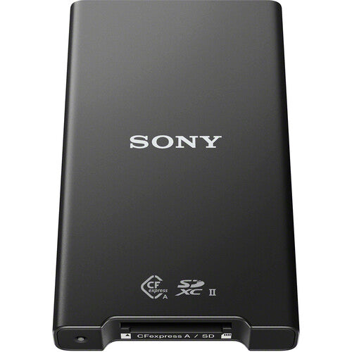 Sony MRW-G2 dual-slot CFexpress Type A and SD memory card reader with USB Type-C connection.