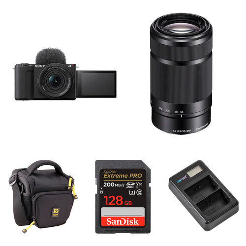Sony ZV-E10 Mirrorless Camera Kit with 16-50mm and 55-210mm lenses, ideal for vlogging and hybrid content creation.