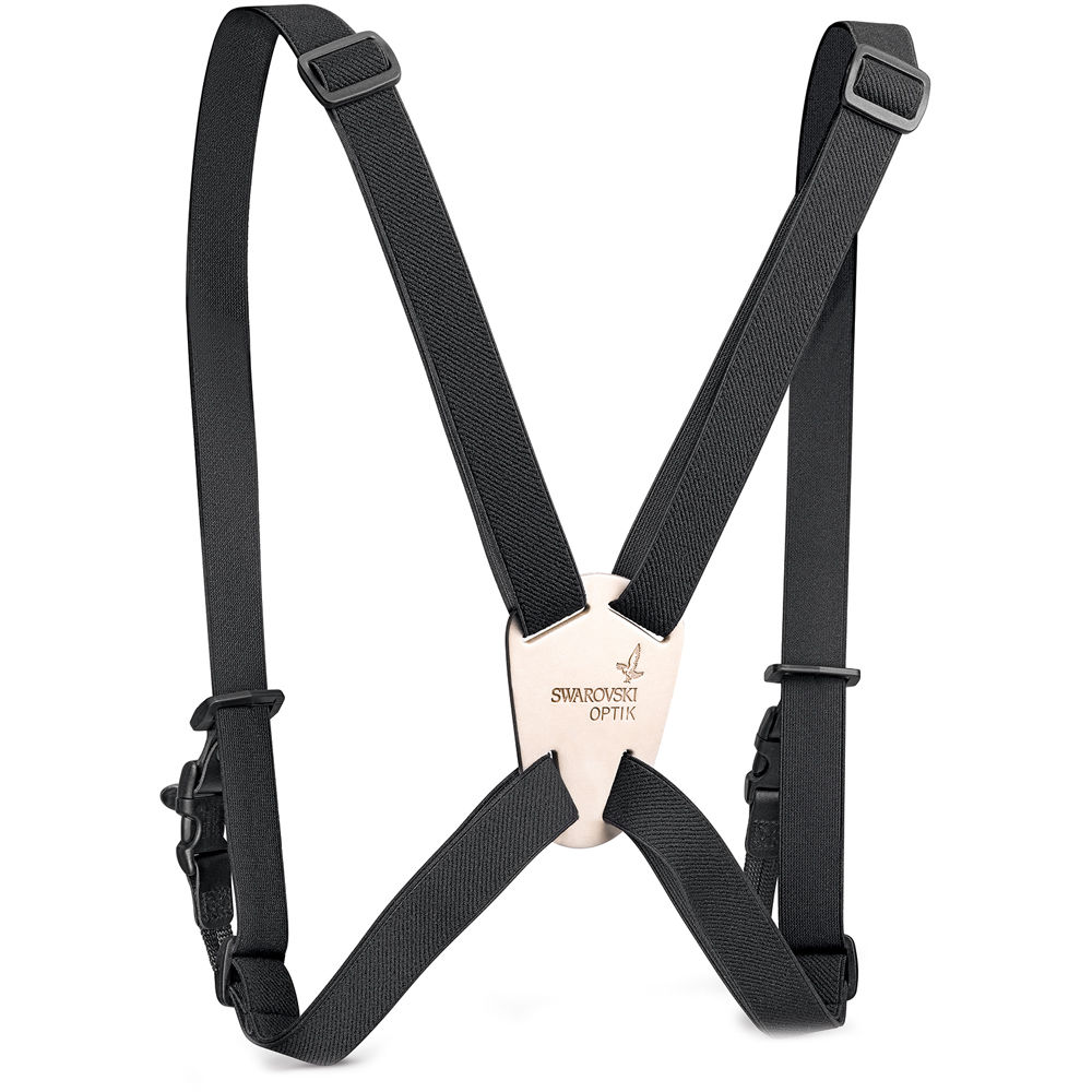 The Swarovski Bino Suspender Pro takes the strain off the neck area by evenly distributing weight across the upper body. Features quick-connection buckles.