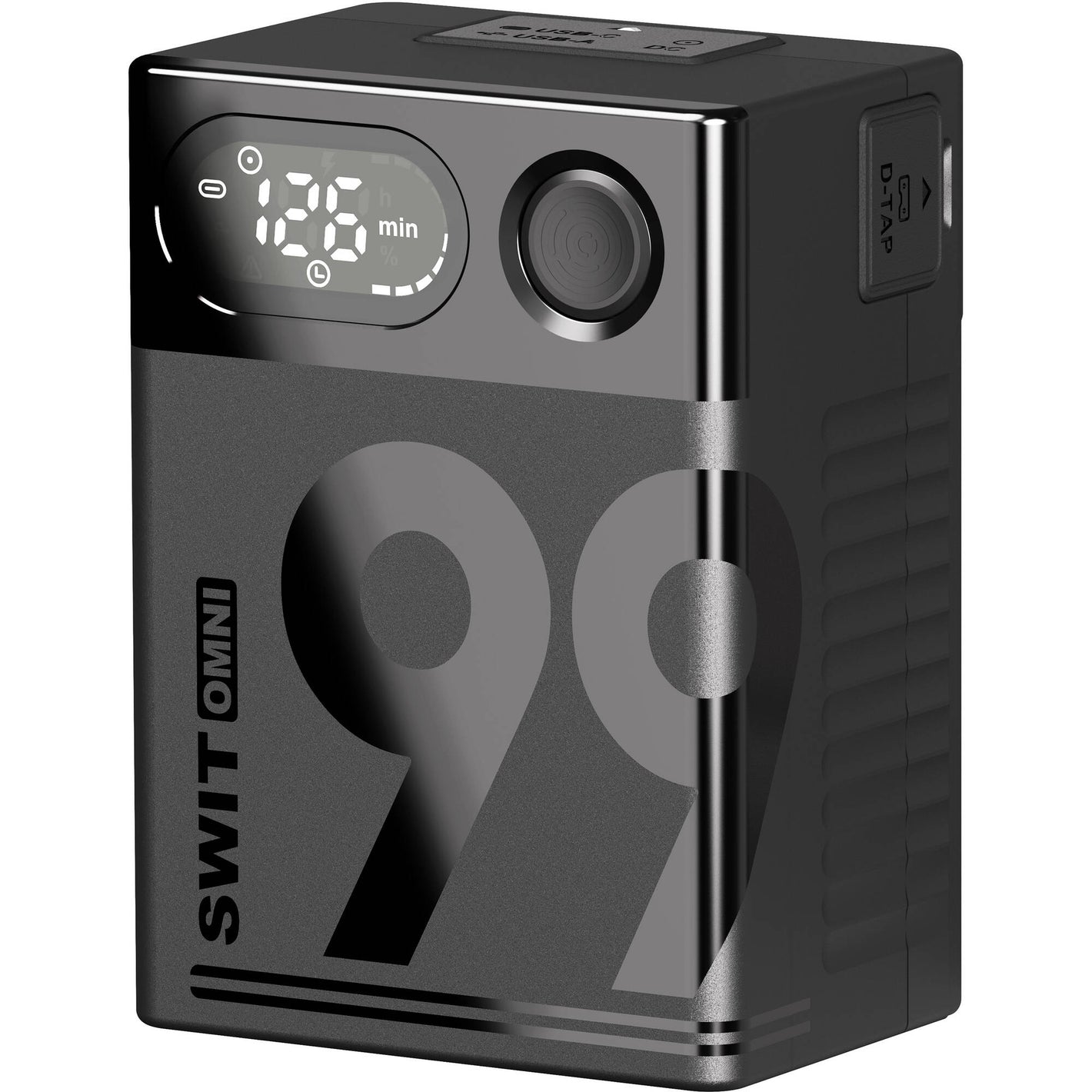 Portable SWIT OMNI-99S 99Wh V-Mount battery for cameras and accessories with USB-C charging.
