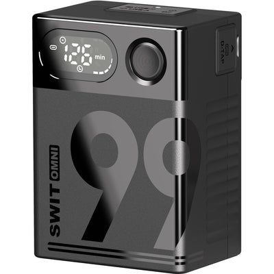Portable SWIT OMNI-99S 99Wh V-Mount battery for cameras and accessories with USB-C charging.
