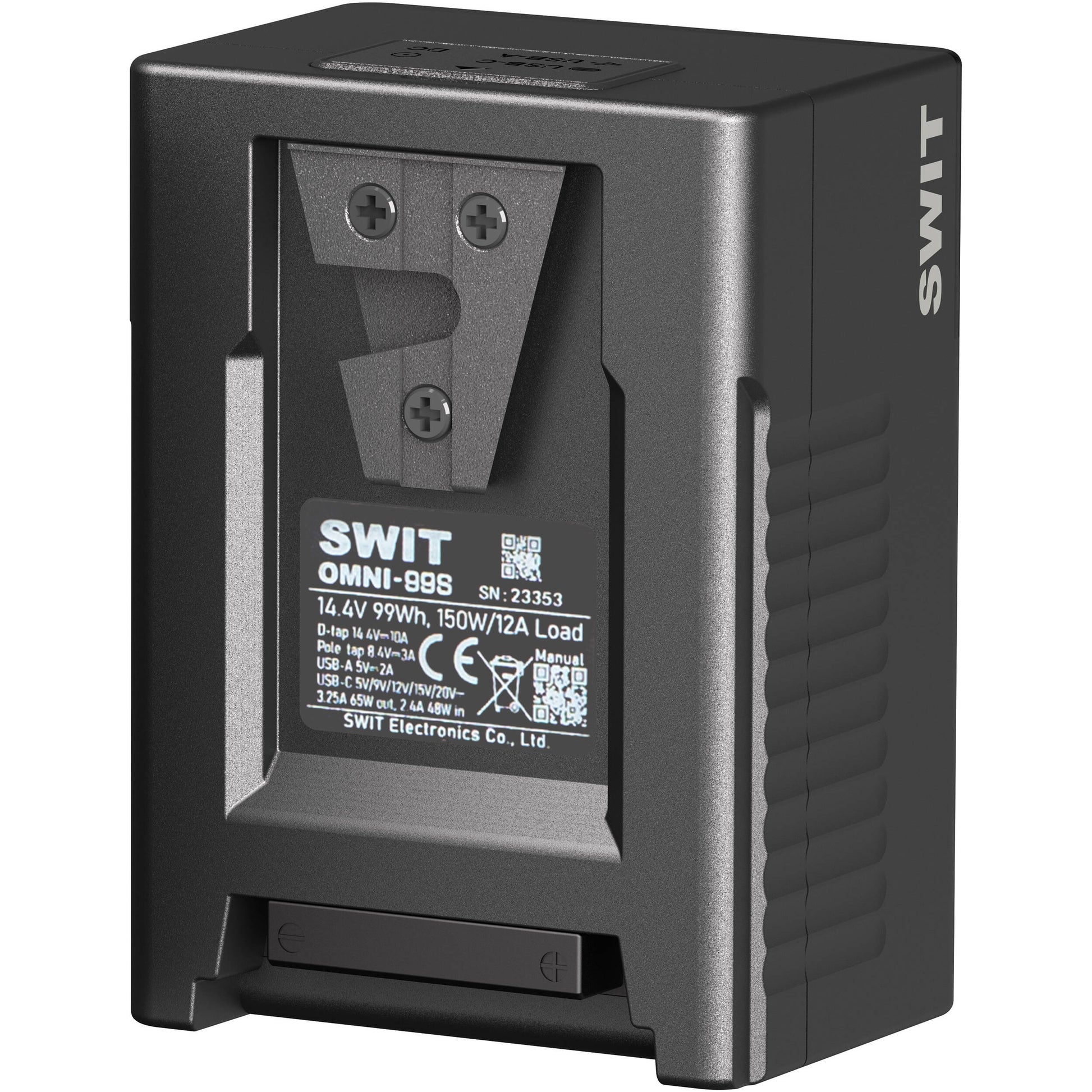 Portable SWIT OMNI-99S 99Wh V-Mount battery for cameras and accessories with USB-C charging.
