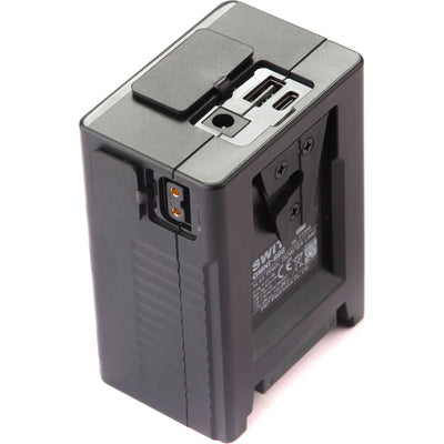 Portable SWIT OMNI-99S 99Wh V-Mount battery for cameras and accessories with USB-C charging.
