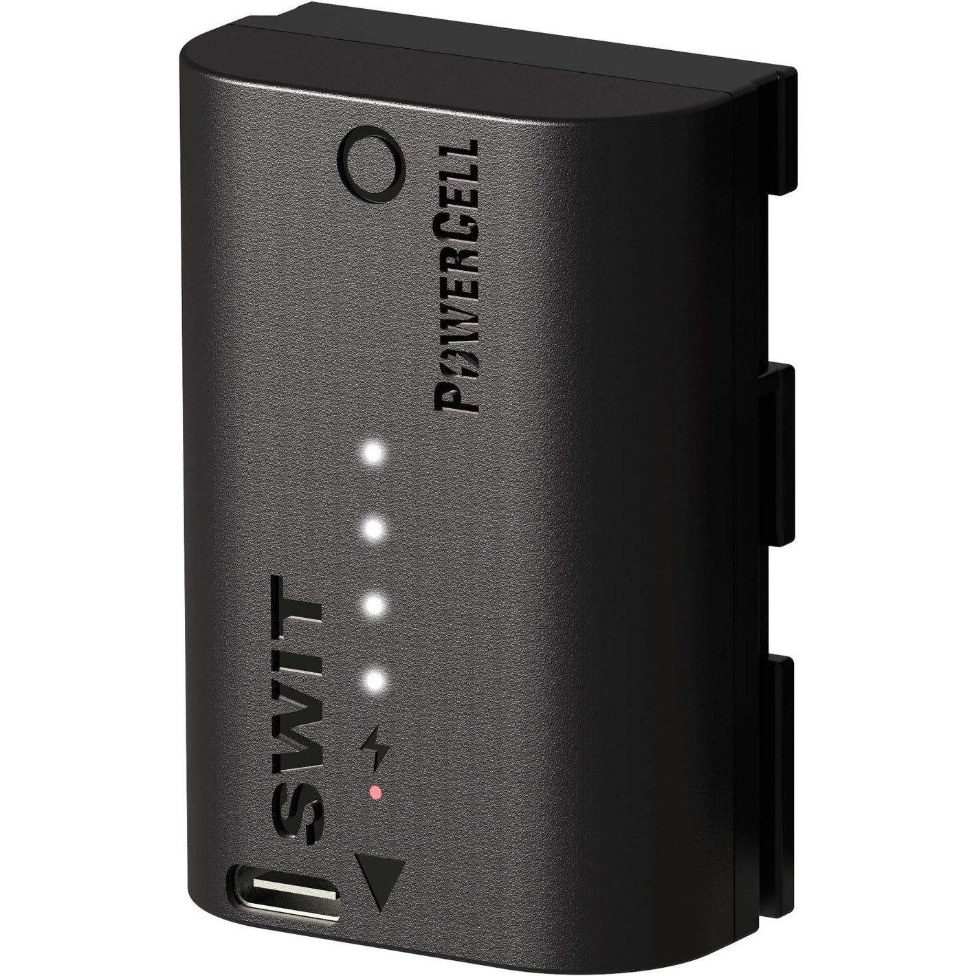 SWIT LP-E6P replacement battery with USB-C charging and 4-LED indicators
