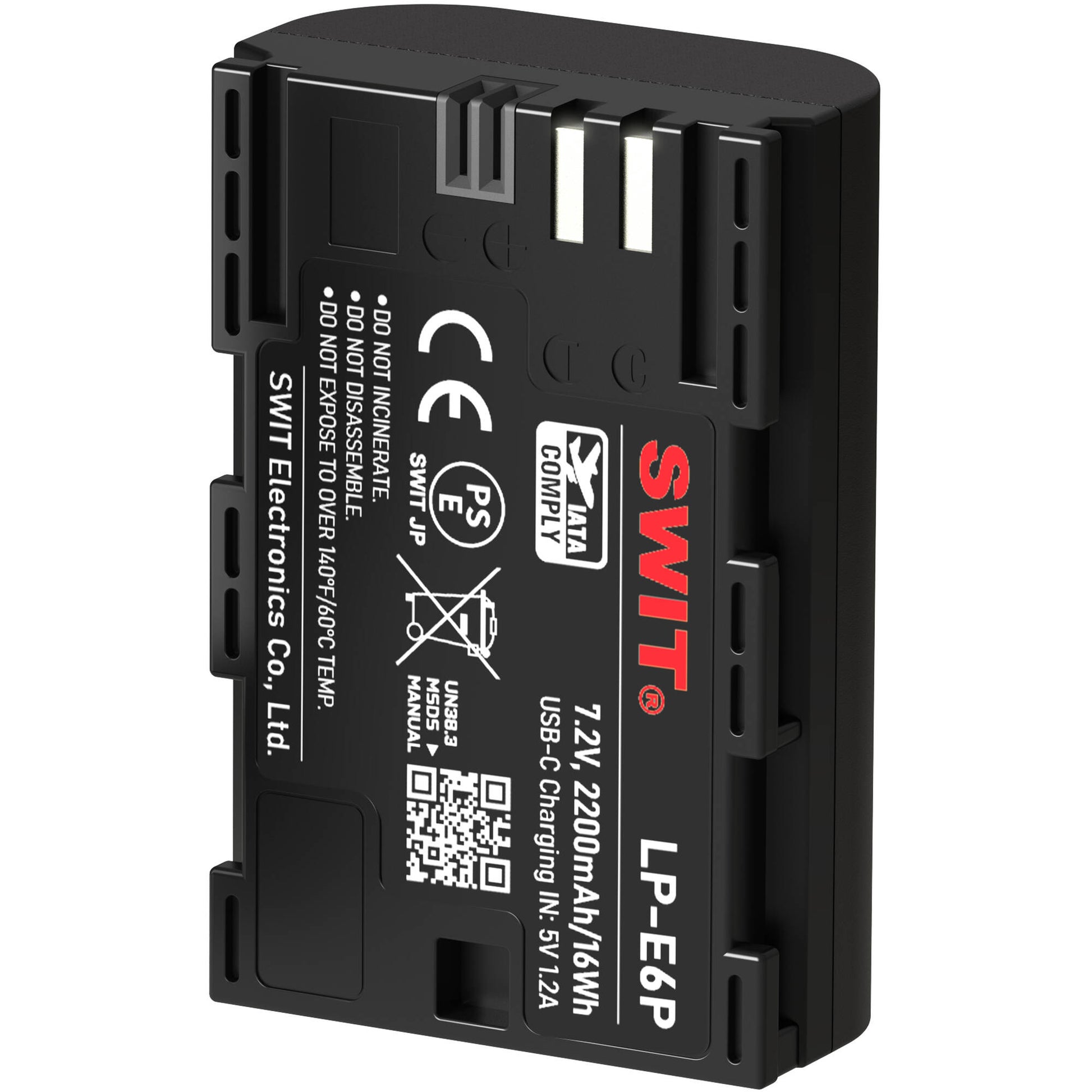 SWIT LP-E6P replacement battery with USB-C charging and 4-LED indicators
