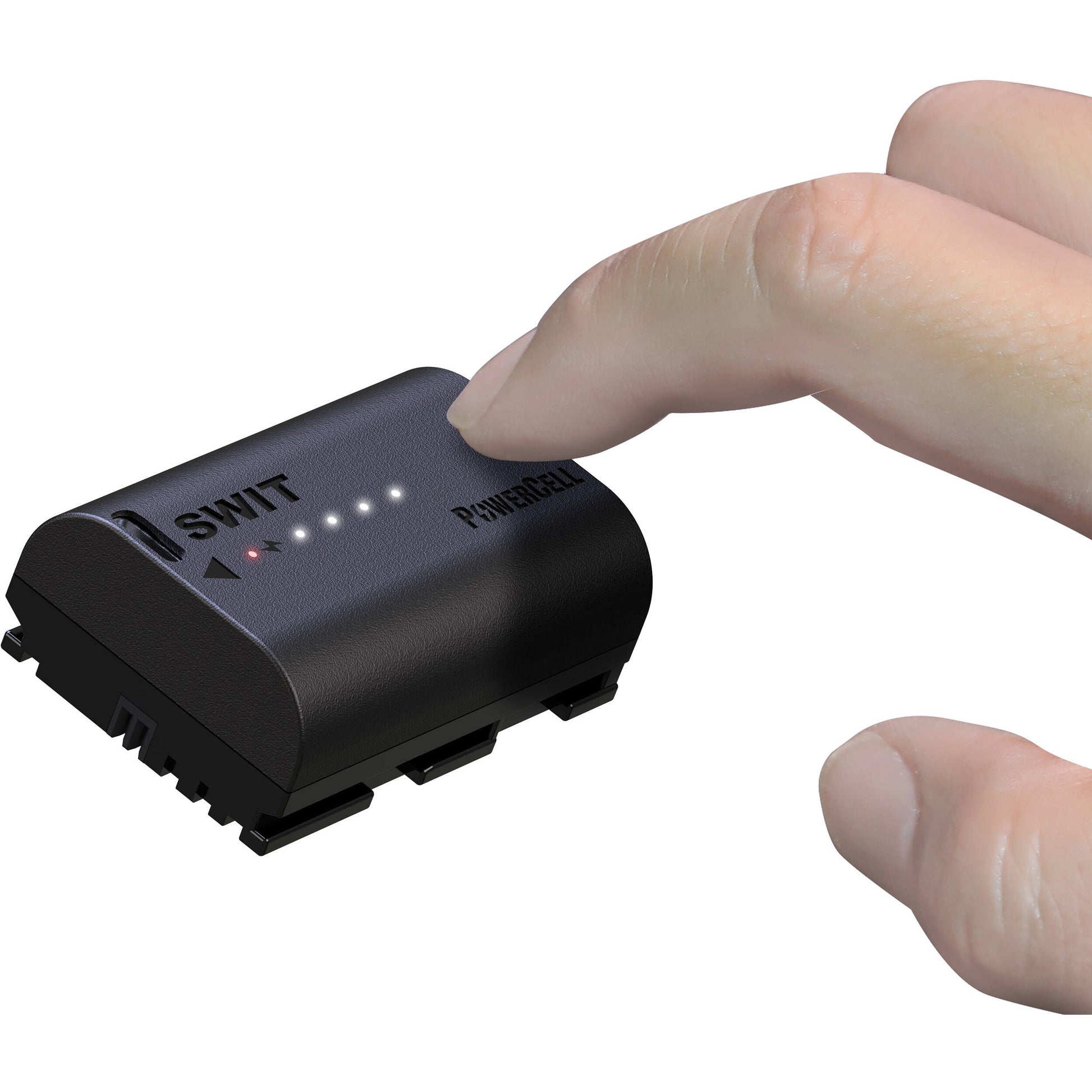 SWIT LP-E6P replacement battery with USB-C charging and 4-LED indicators
