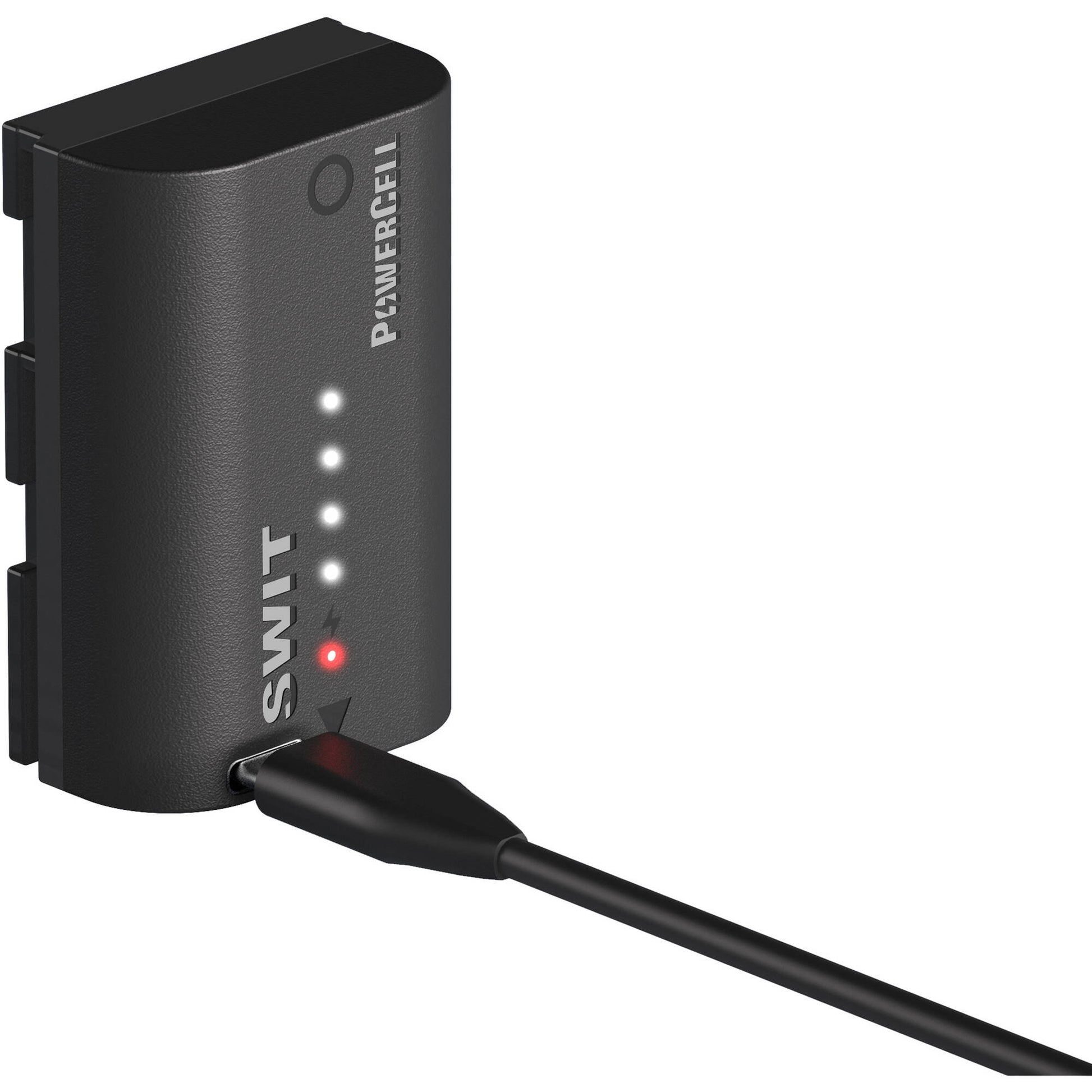 SWIT LP-E6P replacement battery with USB-C charging and 4-LED indicators

