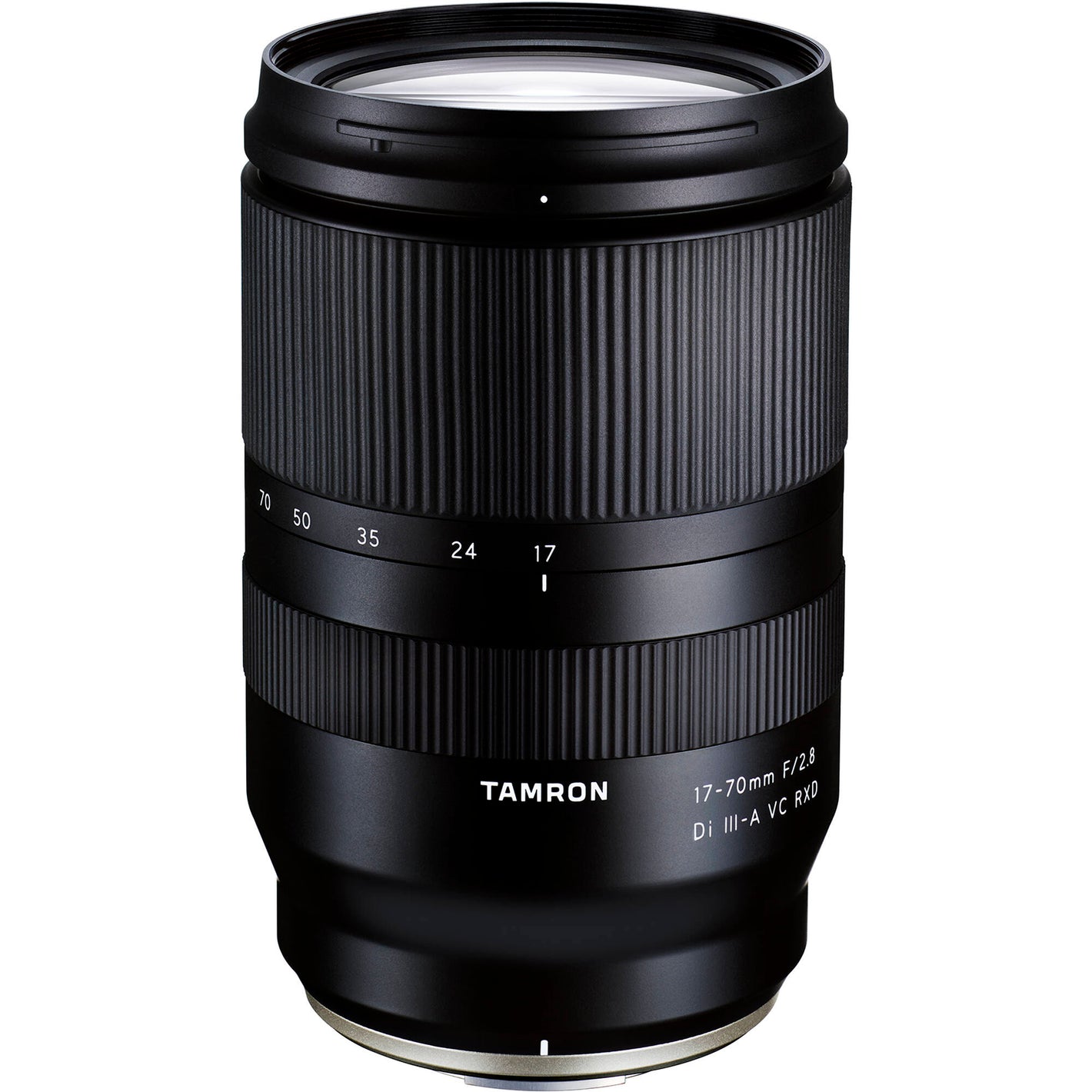 Black camera lens with 'Tamron' branding on a white background