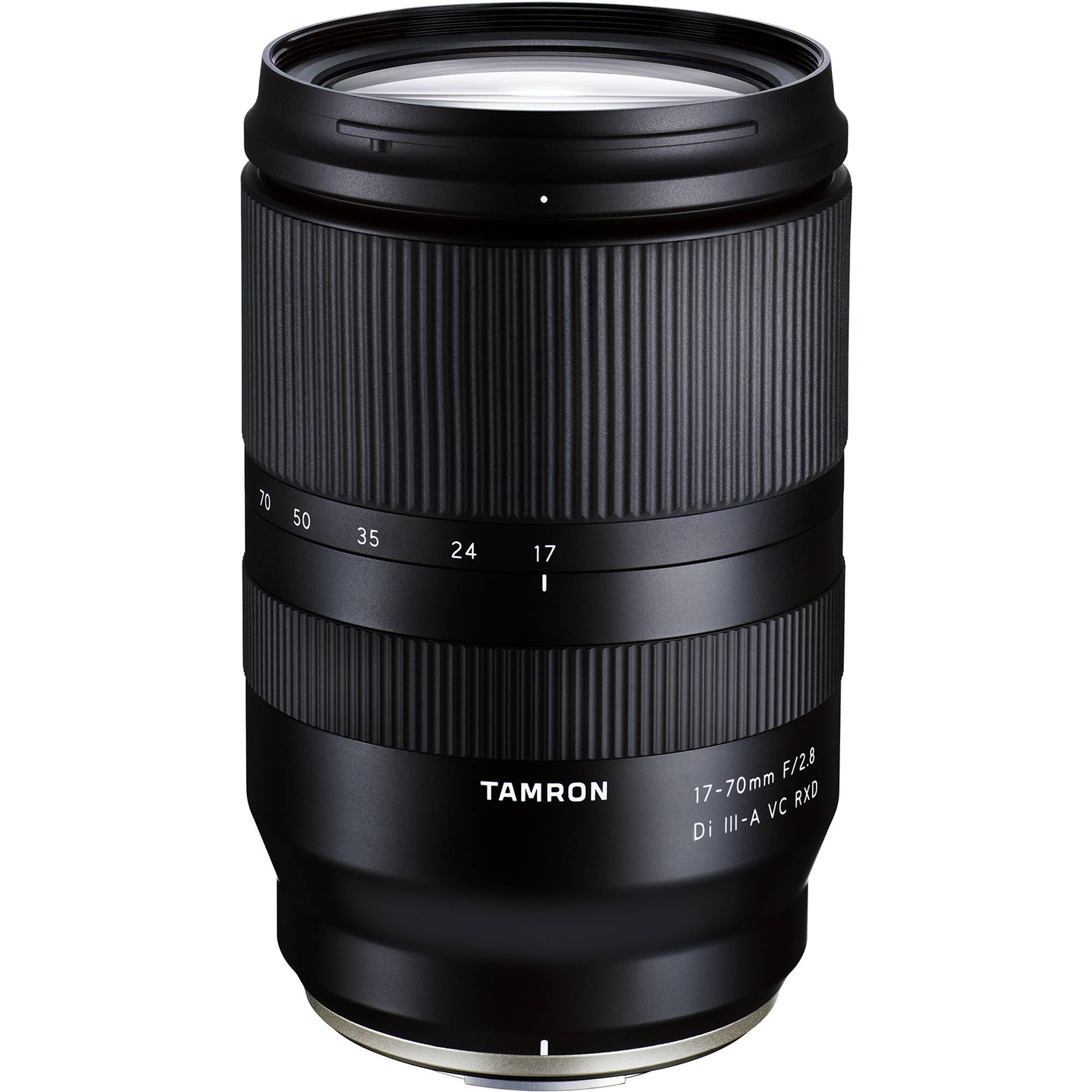 Black camera lens with 'Tamron' branding on a white background
