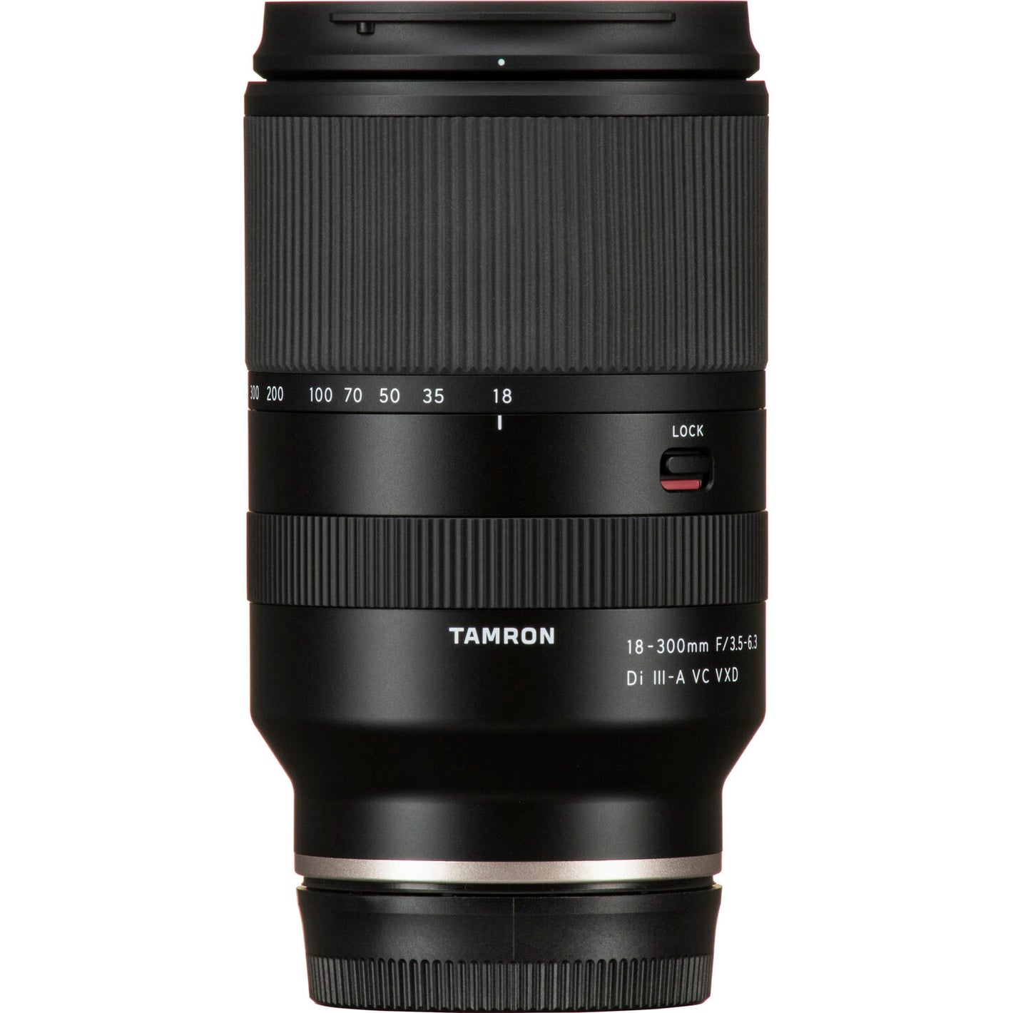 Black camera lens with Tamron branding on a white background