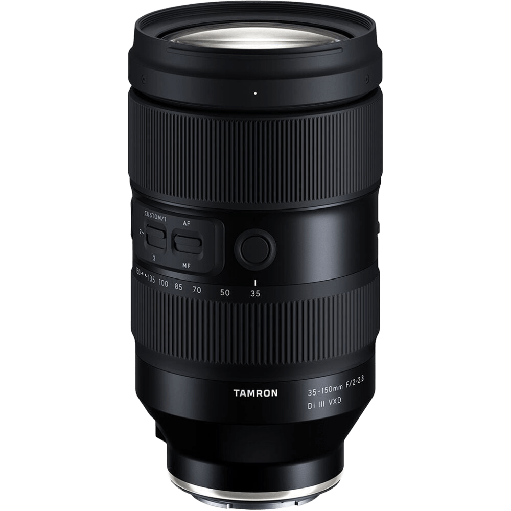 A Tamron 35-150mm F/2-2.8 Di III VFD lens in black, shown from a front three-quarter angle on a solid white background.