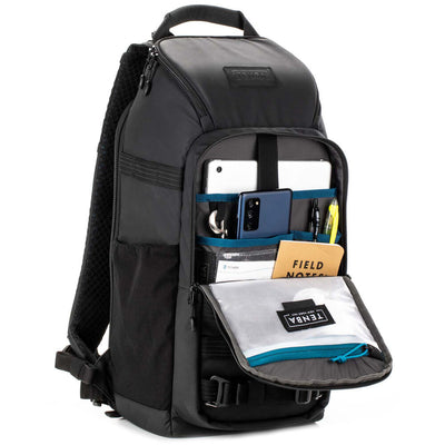Tenba Axis V2 16L black camera backpack front pouch open view