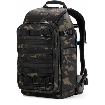 Tenba Axis V2 20L camera backpack with top, side, rear access, laptop/drones storage, MOLLE webbing, and comfy straps.
