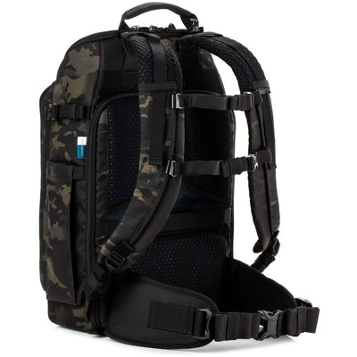 Tenba Axis V2 20L camera backpack with top, side, rear access, laptop/drones storage, MOLLE webbing, and comfy straps.