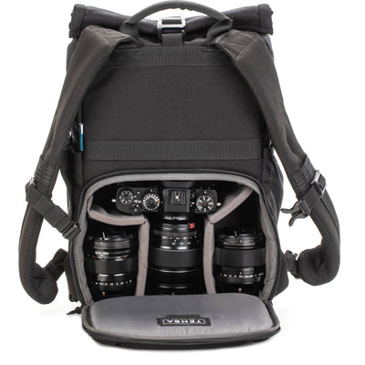 Tenba Fulton V2 16L Backpack in vintage style with rear camera access, rolltop, tripod support, and padded laptop sleeve.