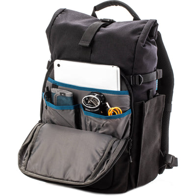 Tenba Fulton V2 16L Backpack in vintage style with rear camera access, rolltop, tripod support, and padded laptop sleeve.