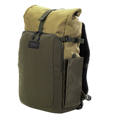 Tenba Fulton V2 16L Backpack in vintage style with rear camera access, rolltop, tripod support, and padded laptop sleeve.