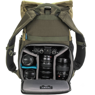 Tenba Fulton V2 16L Backpack in vintage style with rear camera access, rolltop, tripod support, and padded laptop sleeve.