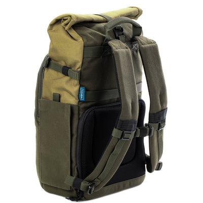 Tenba Fulton V2 16L Backpack in vintage style with rear camera access, rolltop, tripod support, and padded laptop sleeve.