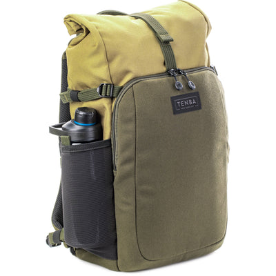 Tenba Fulton V2 16L Backpack in vintage style with rear camera access, rolltop, tripod support, and padded laptop sleeve.