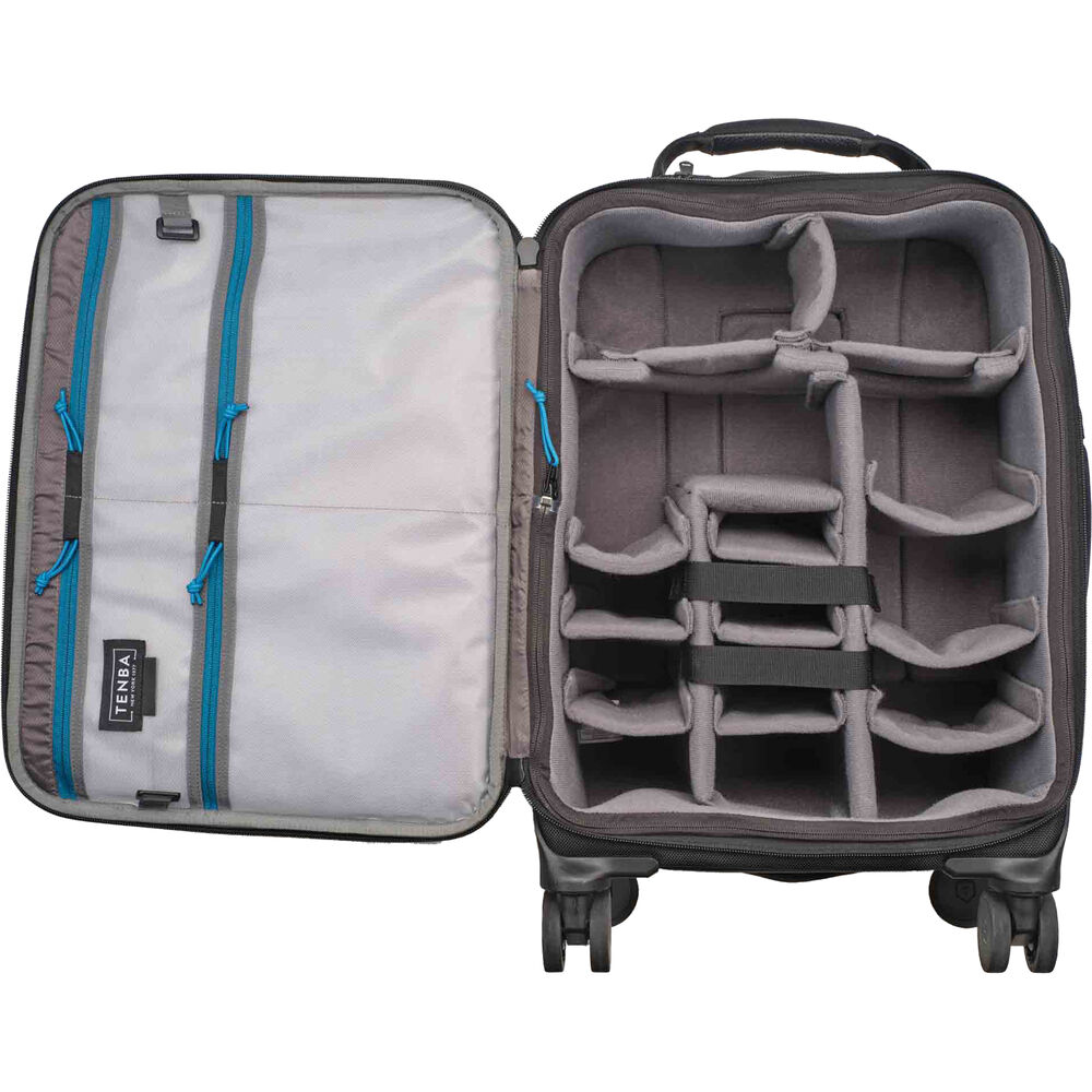 Tenba Roadie V2 Spinner 22 black camera case open view