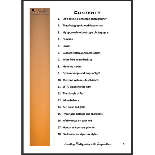 Table of contents page from a photography book with an orange sidebar.