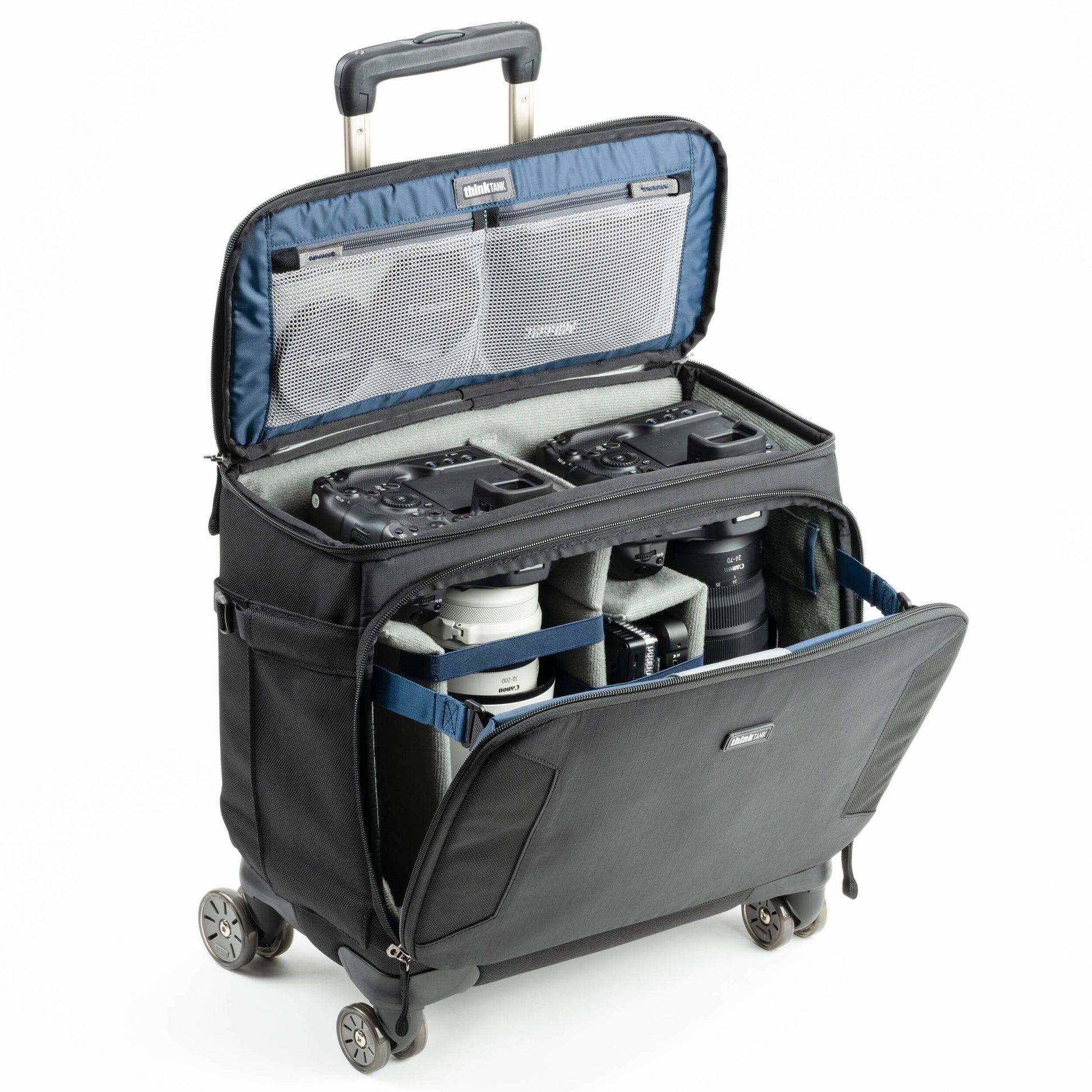 Think Tank Airport Navigator V2 rolling camera bag with laptop compartment and adjustable dividers.