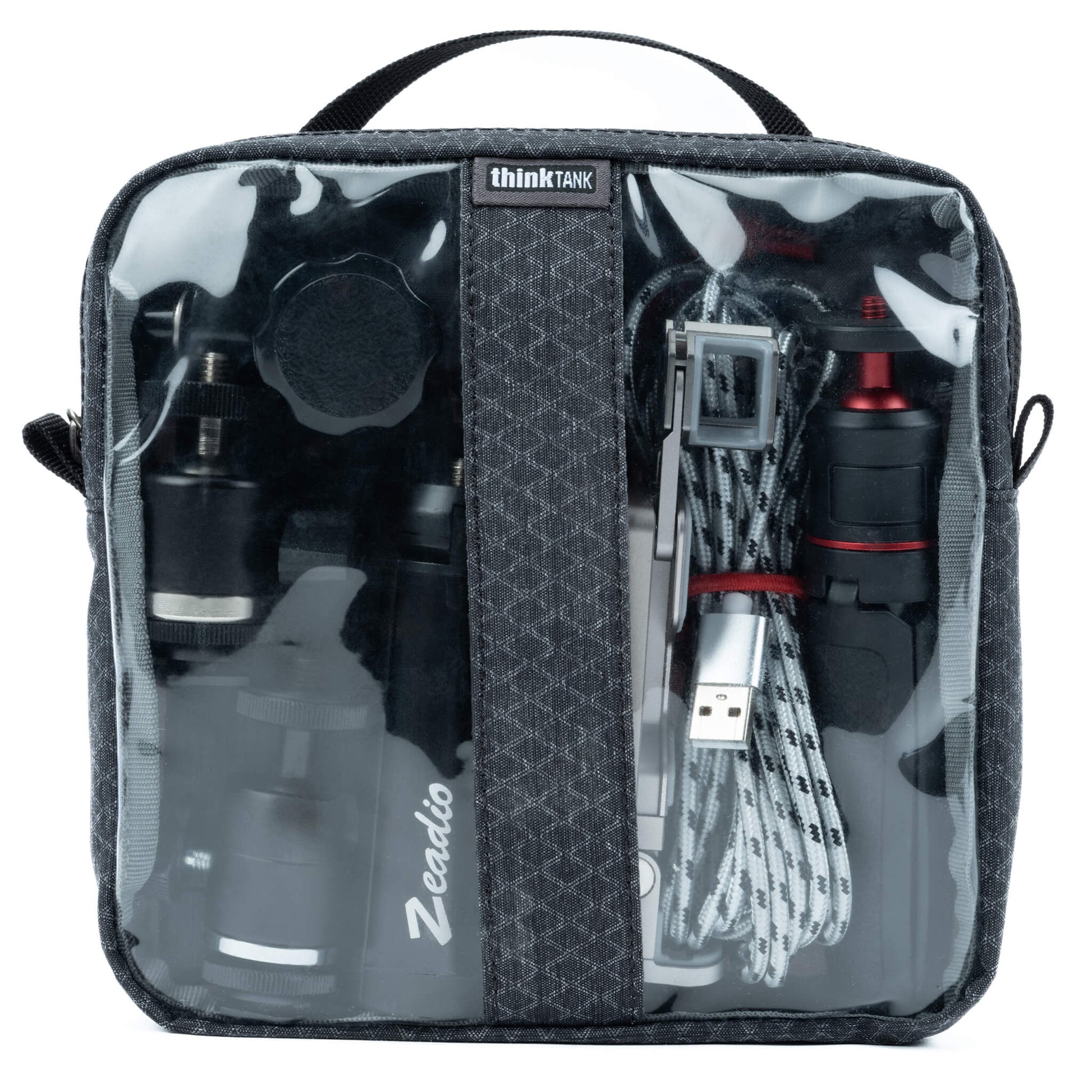 Think Tank Cable Management clear pouch for organising cables with easy visibility.