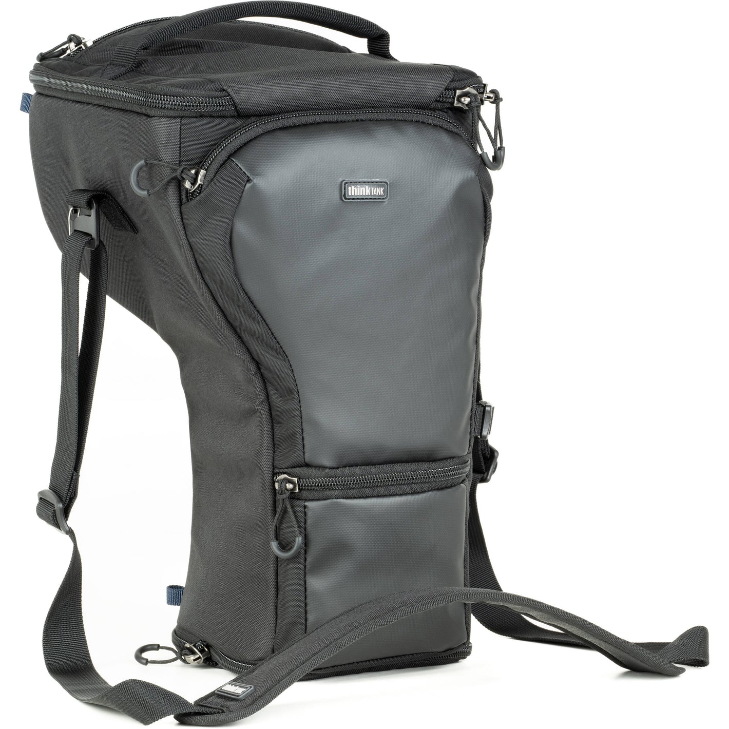 Think Tank Digital Holster 50 V3 bag for DSLR with 70-200mm lens, quick-access lid, belt attachment, and water-resistant design.