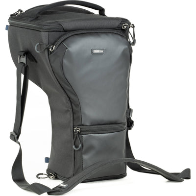 Think Tank Digital Holster 50 V3 bag for DSLR with 70-200mm lens, quick-access lid, belt attachment, and water-resistant design.