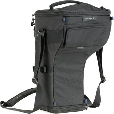 Think Tank Digital Holster 50 V3 bag for DSLR with 70-200mm lens, quick-access lid, belt attachment, and water-resistant design.