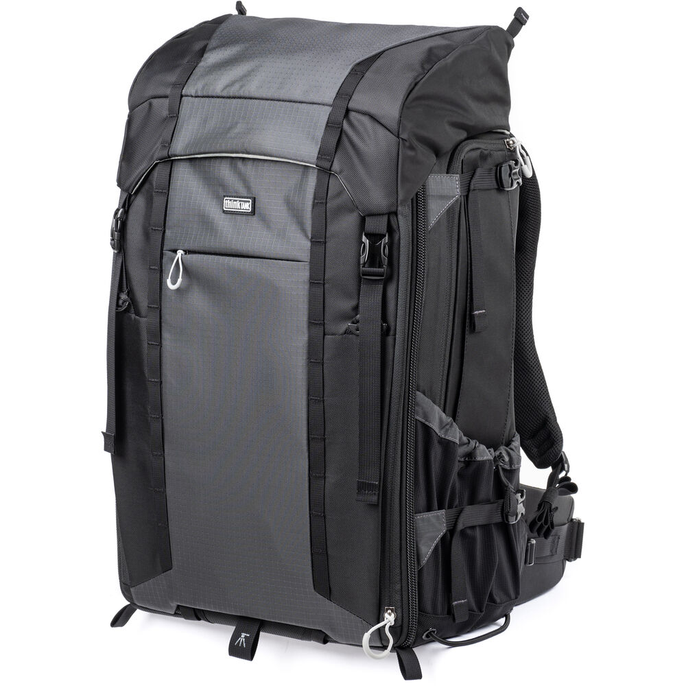 FirstLight 46L+ camera backpack with expandable front pocket.