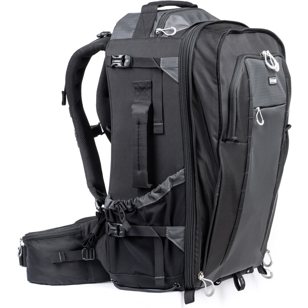 FirstLight 46L+ camera backpack with expandable front pocket.
