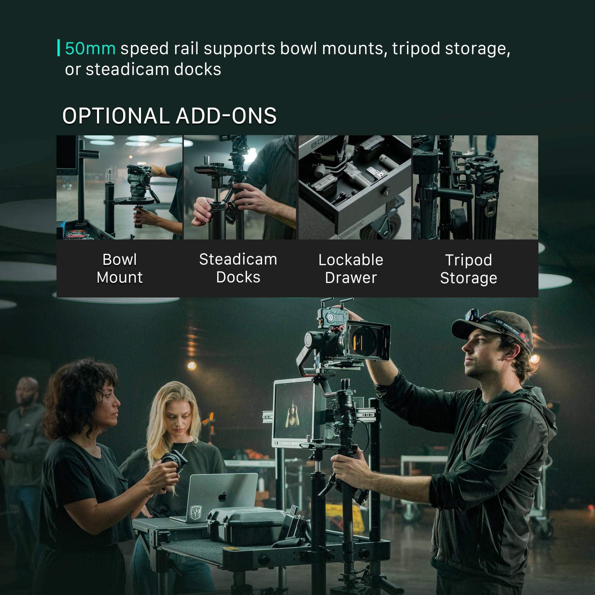 Tilta Boulder 36" Camera Cart with tool-free assembly and side table
